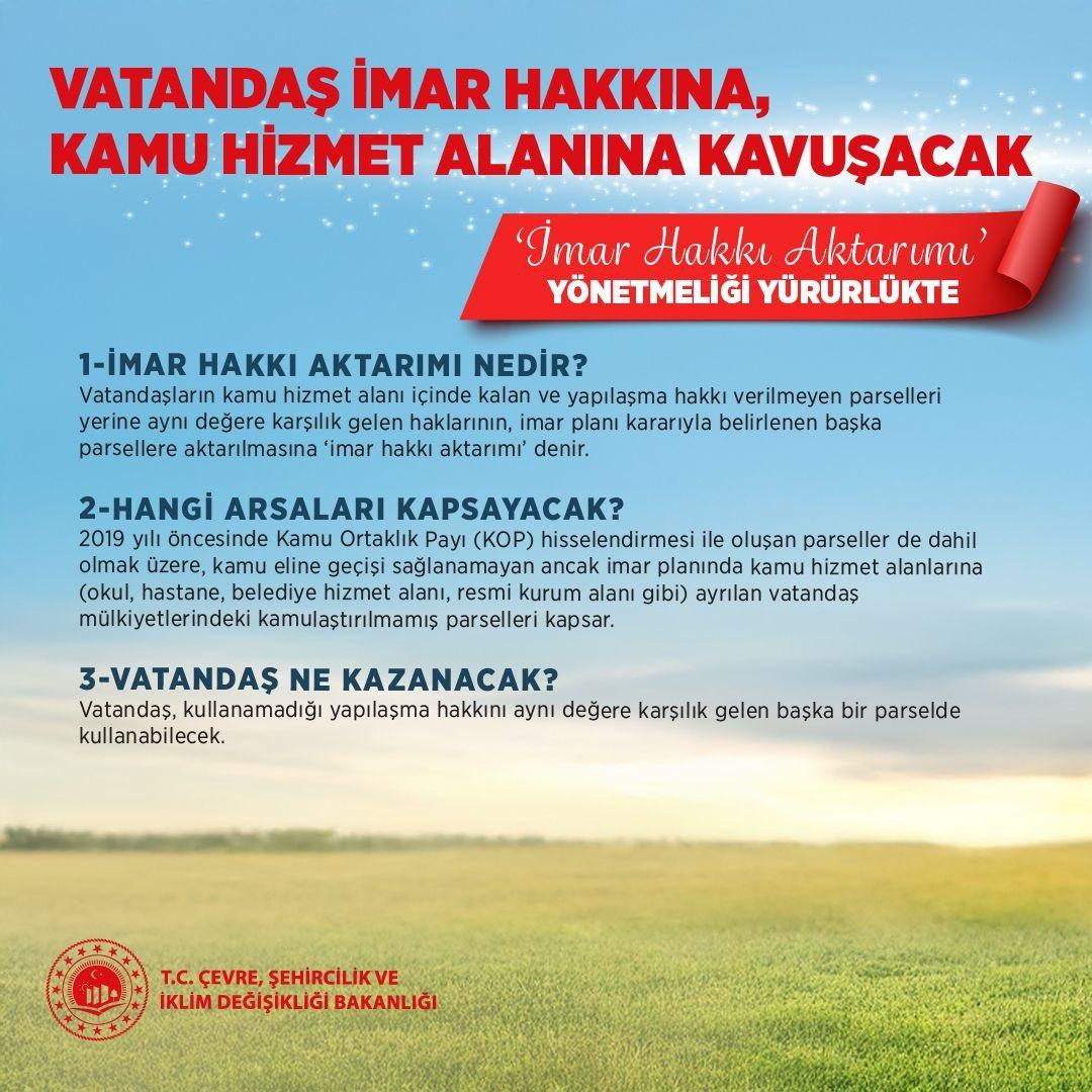 Parseli Kamu Hizmeti Alanına katılan vatandaşlara imar haklarının transferi kolaylığı! Bakan Kurumu: 